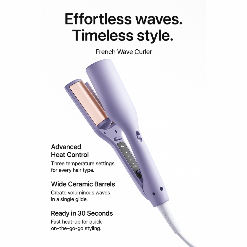 Lilac wave styler with copper-toned barrels and control buttons on a plain white background, shown with feature callouts beside it. 3