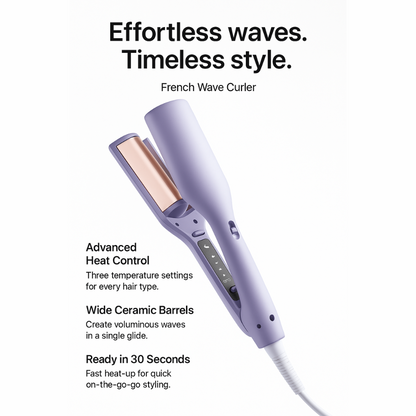 Lilac wave styler with copper-toned barrels and control buttons on a plain white background, shown with feature callouts beside it. 3