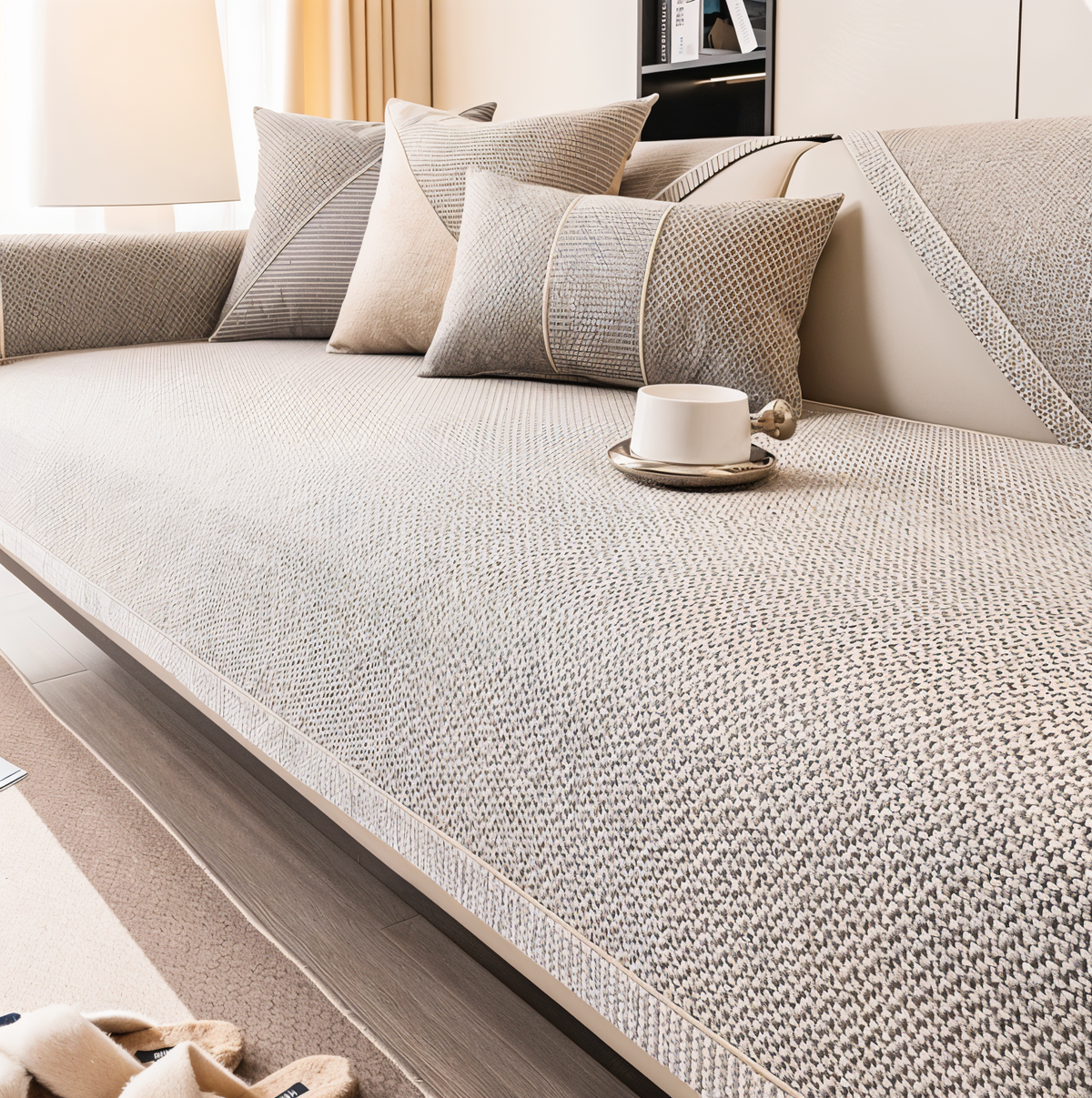Textured woven sofa cover in light grey-beige fitted over a sofa seat, with matching cushions and a white cup on top. 1