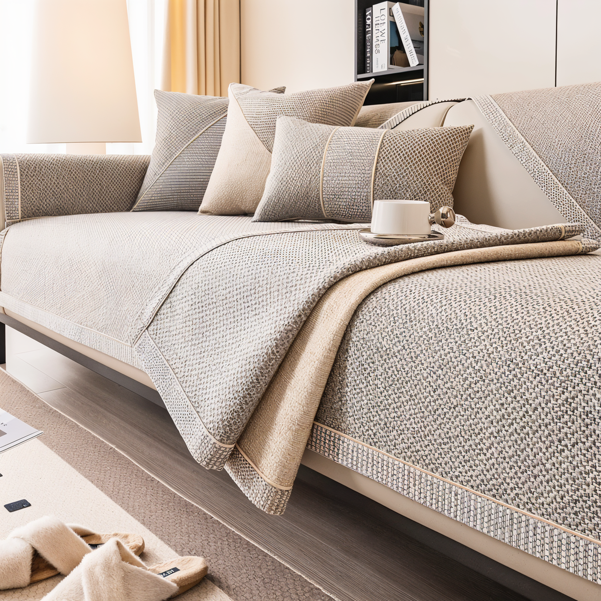 Light grey-beige sofa cover with one corner folded back to show its plain cream underside and neat piped edging. 2