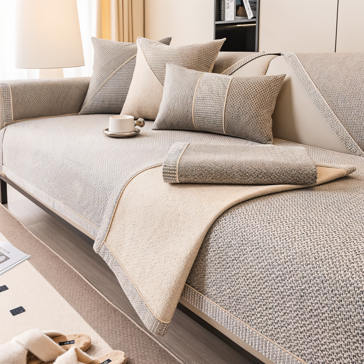 Beige cover with a folded flap revealing the soft cream reverse, a small folded piece lying on top, and a cup nearby. 3