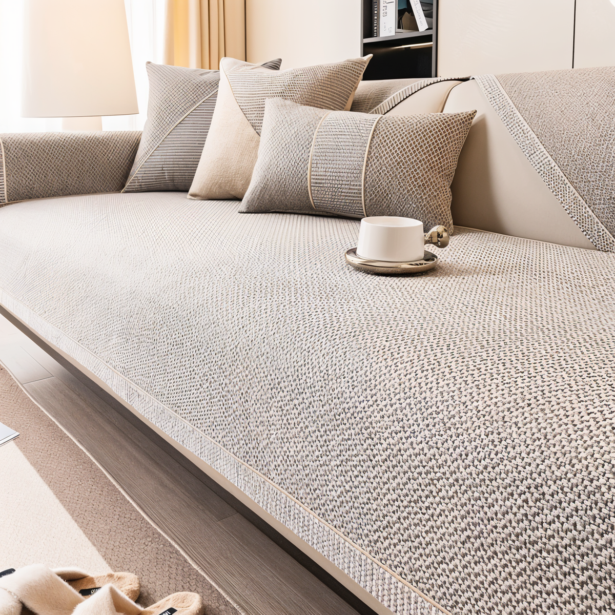 Wide view of the beige woven cover across the whole sofa seat and armrest, with cushions and a white cup. 5