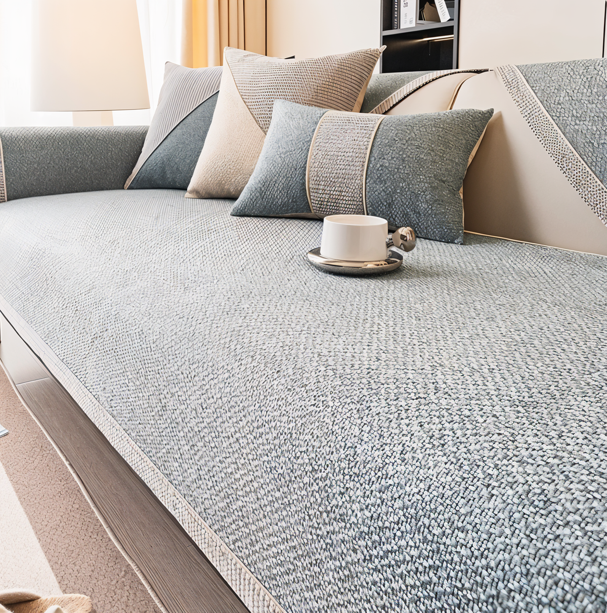 Grey version of the woven sofa cover on the seat and armrest, with grey cushions and a white cup on top. 6