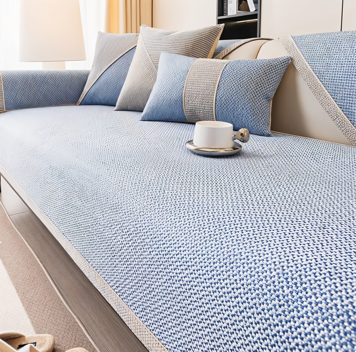 Light blue version of the woven cover on the sofa seat and armrest, styled with blue cushions and a white cup. 7