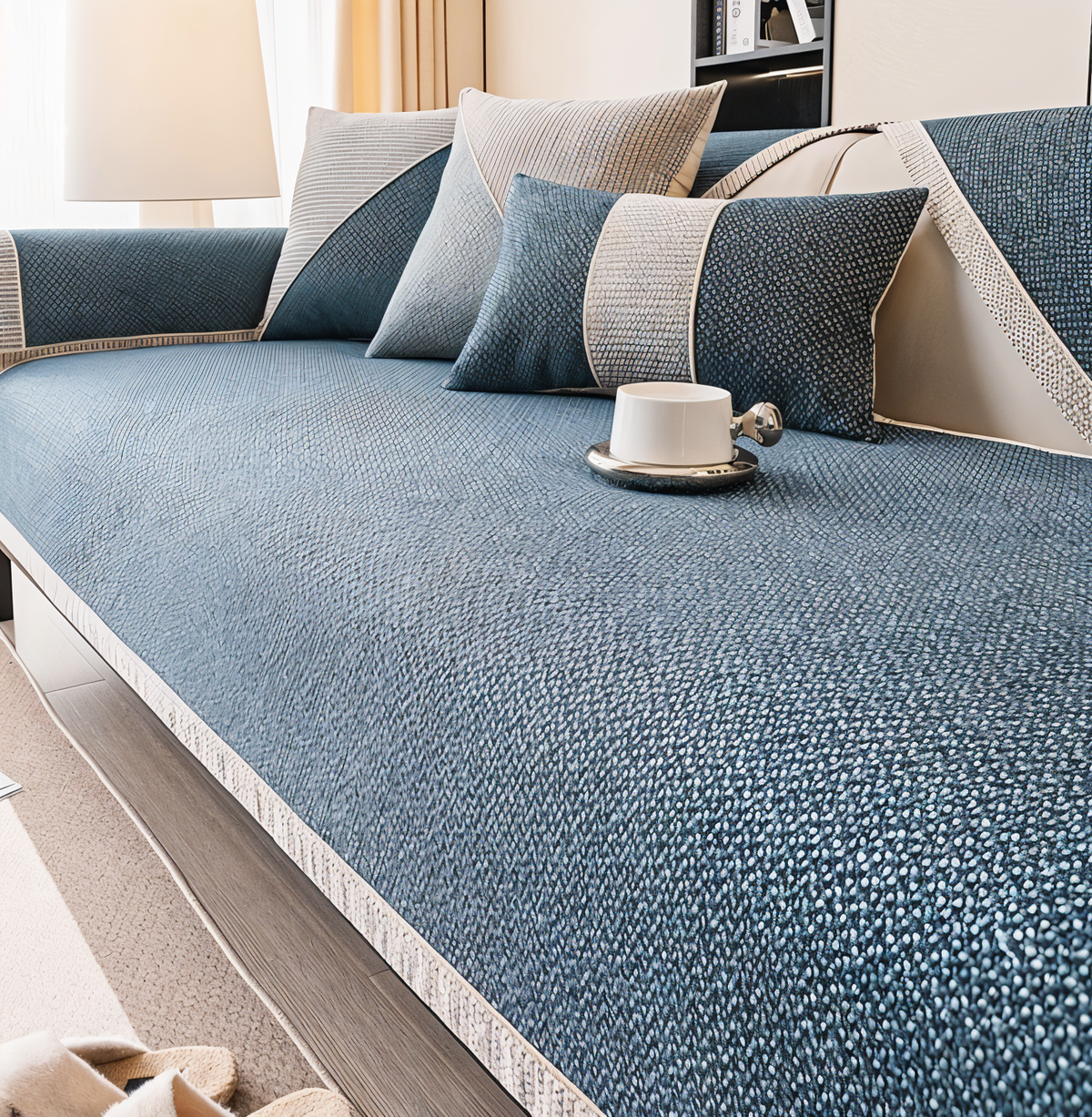 Dark teal-blue version of the textured sofa cover covering the seat and armrest, with matching cushions and a white cup. 8