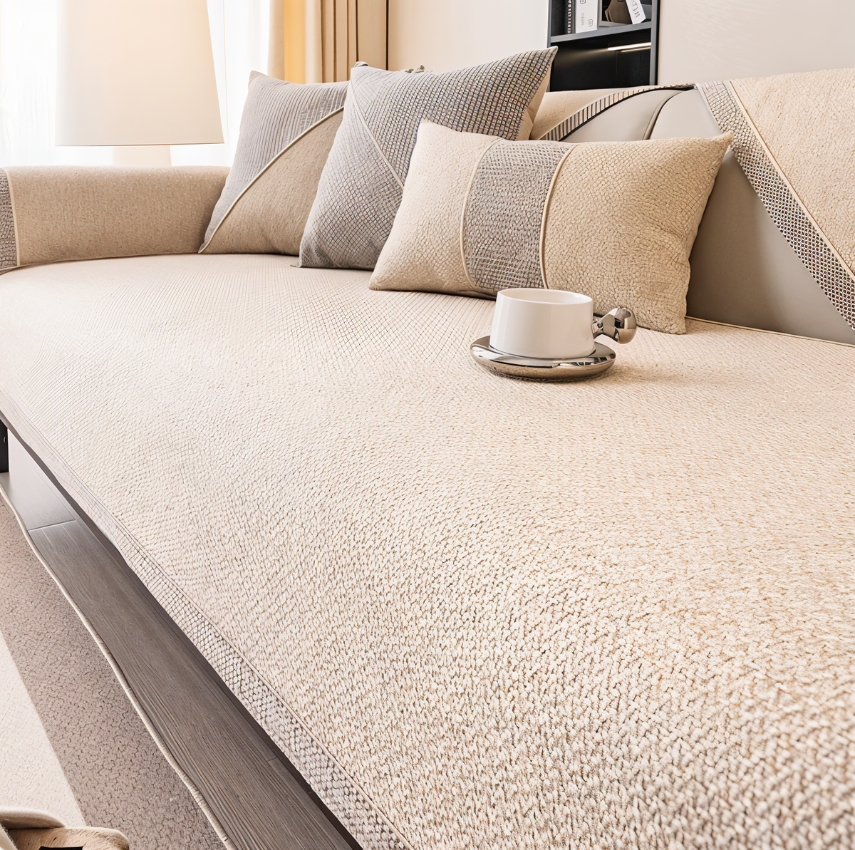 Plain cream version of the sofa cover with a soft fluffy texture, shown with cream and grey cushions and a white cup. 9