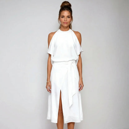 Asymmetric Halterneck Midi Dress - Claudia