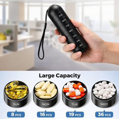 Black capsule-shaped organiser held in one hand above four open compartments, each filled with a different type of pill, showing how much fits. 2