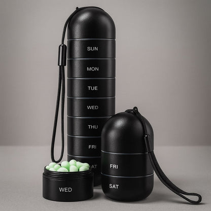 Matt black stacked organiser with a black cord, beside a short two-compartment section and an open Wednesday compartment holding pale green pills. 3