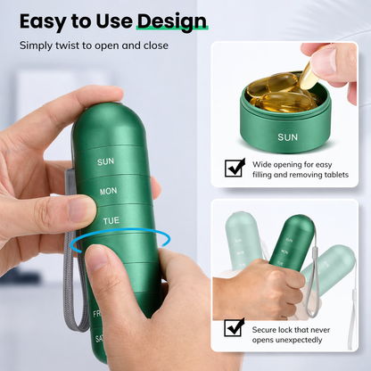 Green organiser being twisted open with both hands, plus close-ups of the wide opening filled with softgels and the secure closure. 4