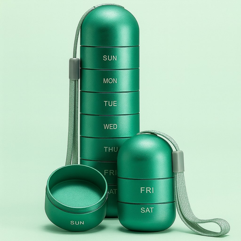 Green stacked organiser on a pale green background with a short Friday and Saturday section and an empty open Sunday compartment. 5