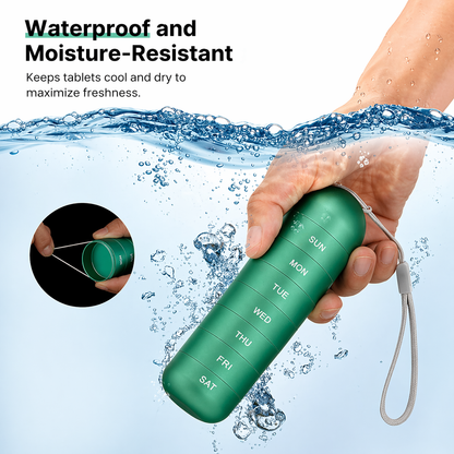 Green organiser held under water with droplets around it, plus an inset showing the inner sealing ring pulled out for waterproofing. 6