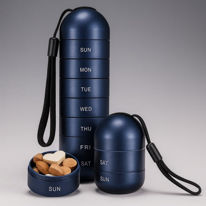 Navy blue stacked organiser with a black cord, beside a short two-compartment section and an open Sunday compartment holding tablets, one heart-shaped. 7
