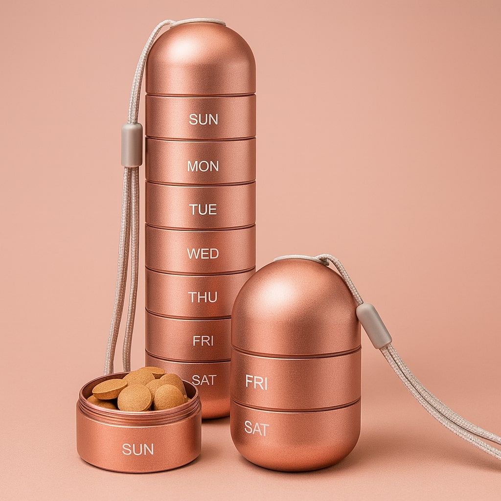 Copper-pink stacked weekly pill organiser beside a shorter two-compartment section and an open Sunday compartment holding round tablets, with a beige wrist cord 1