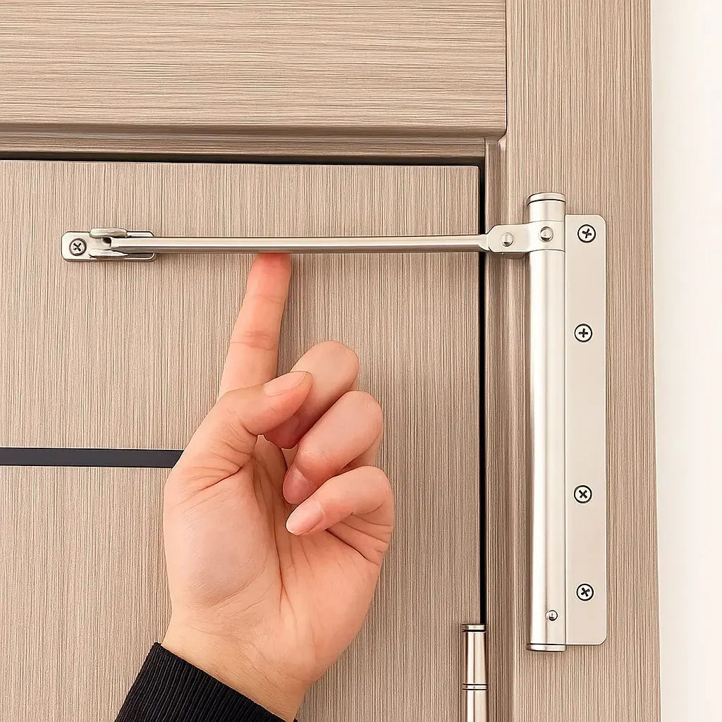 Silver closer fitted to a light wood-effect door, with a hand pointing at the arm 1