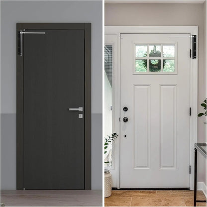Side-by-side view of closers fitted to a dark grey door and a white panelled door 4