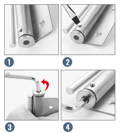 Four-step guide showing the closer being adjusted with a screwdriver and an Allen key 5