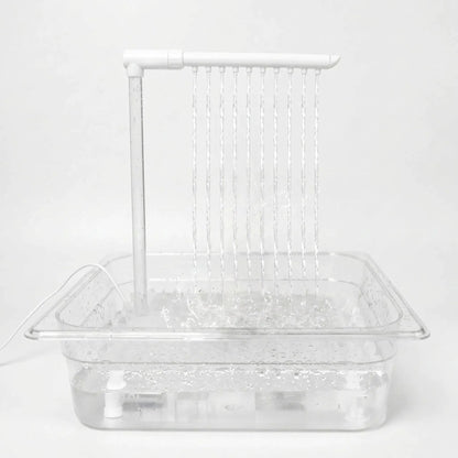 Clear tray with a pump and overhead pipe running, ten thin streams of water falling into the filled basin against a plain background. 1
