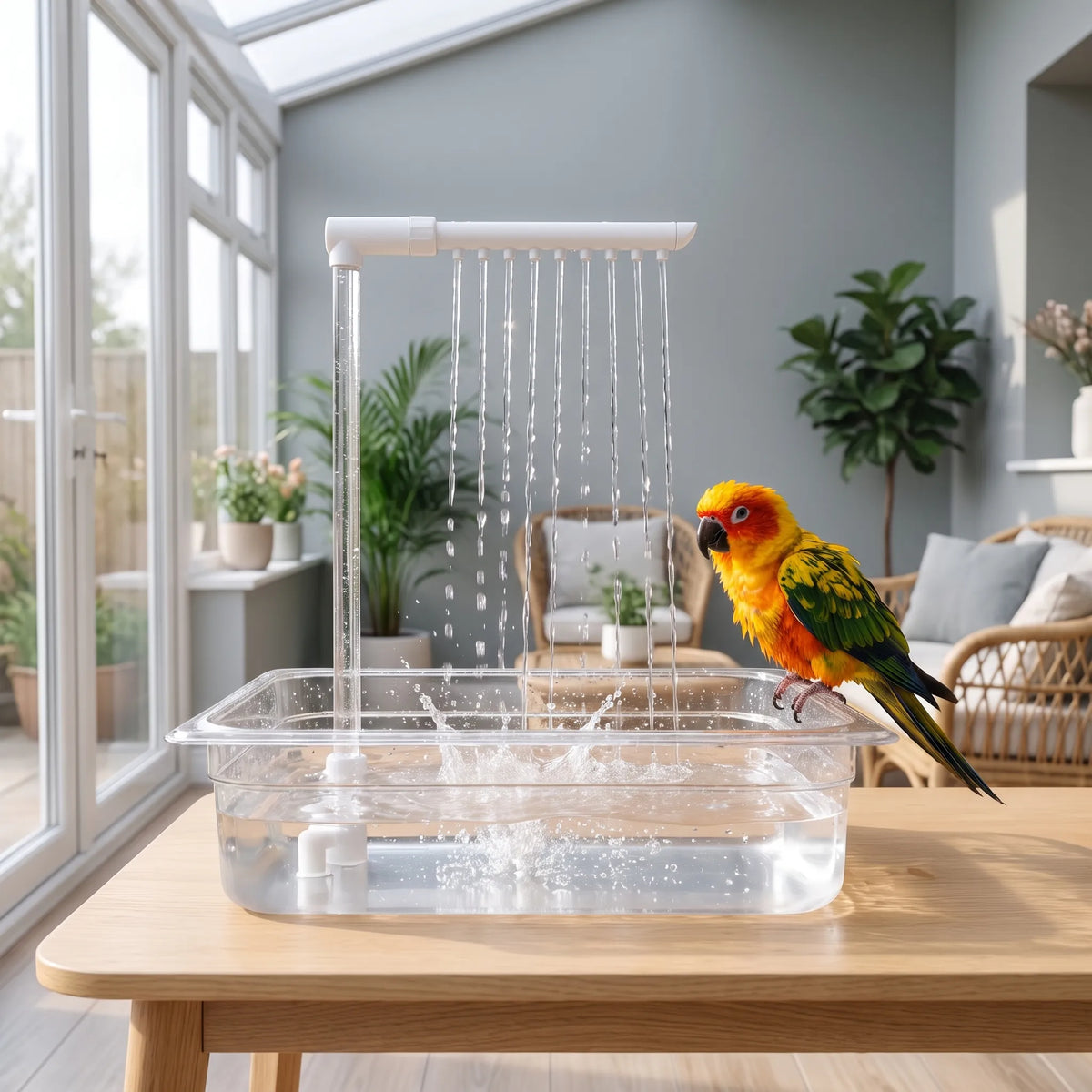 Colourful parrot perched on the rim of the clear water tray in a bright conservatory, with streams of water splashing beside it. 2