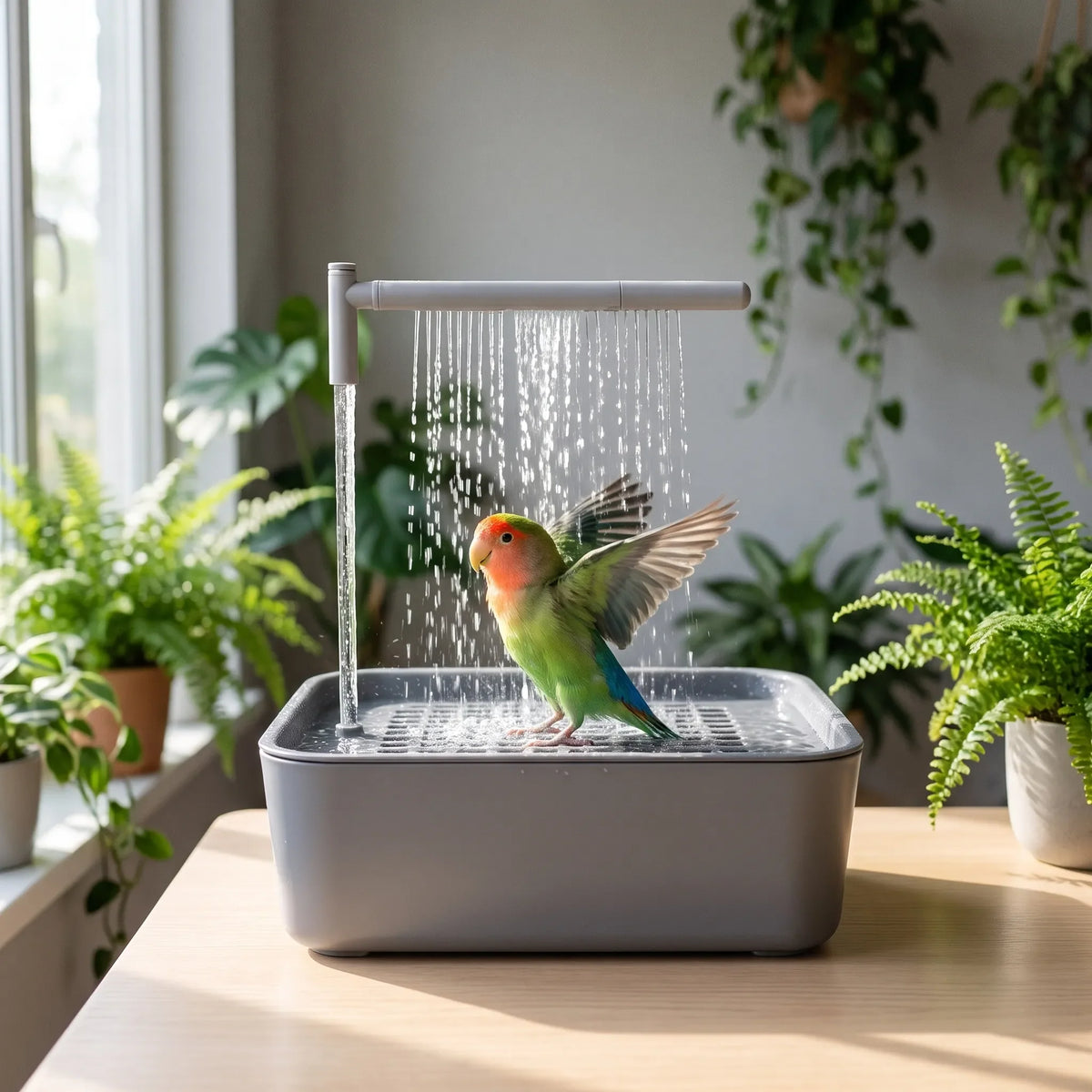 Green and orange lovebird with wings spread, bathing under the shower arm of the grey basin on a table among houseplants. 2