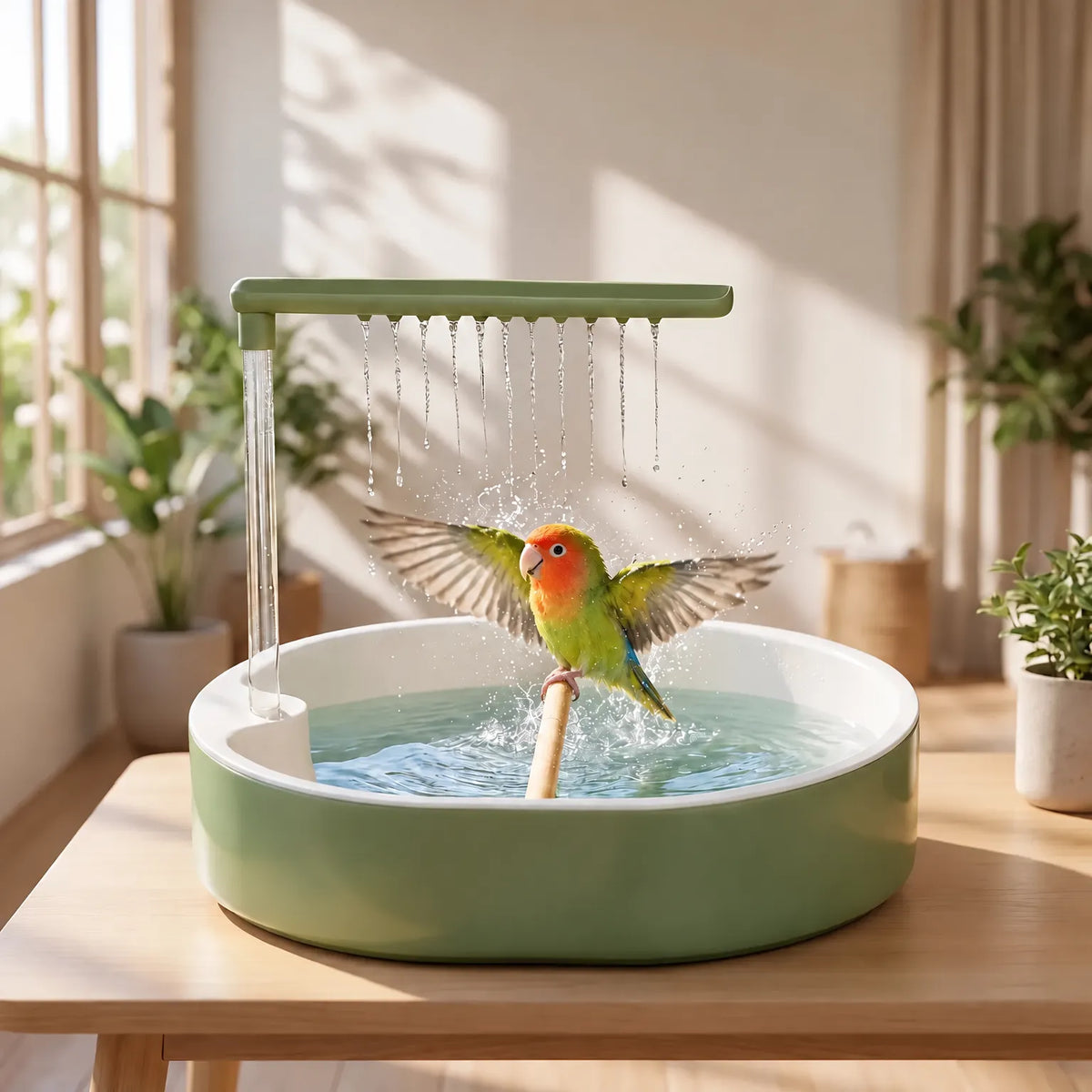 A small orange-faced green parrot with wings spread splashing in the bath, set on a wooden table in a bright room with plants. 2