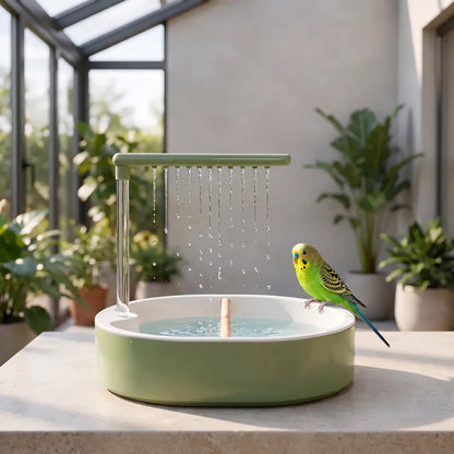 A green budgerigar perched on the rim of the bath while water drips from the shower bar, in a sunny conservatory with plants. 3