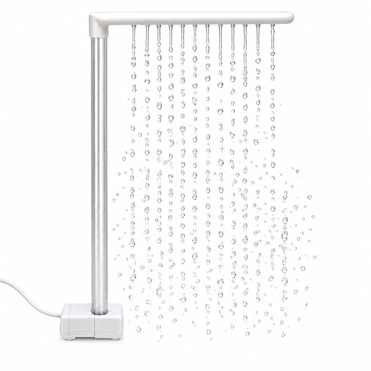 White L-shaped shower arm on a small pump base, releasing a curtain of falling water droplets against a plain white background. 1