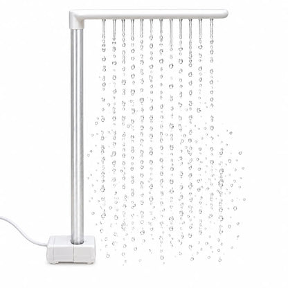 White L-shaped shower arm on a small pump base, releasing a curtain of falling water droplets against a plain white background. 1