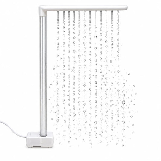 White L-shaped shower arm on a small pump base, releasing a curtain of falling water droplets against a plain white background. 1