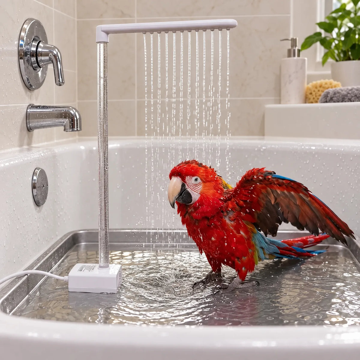 Red and blue parrot with spread wings bathing under the falling water in a bathtub, with the pump base standing in shallow water. 2