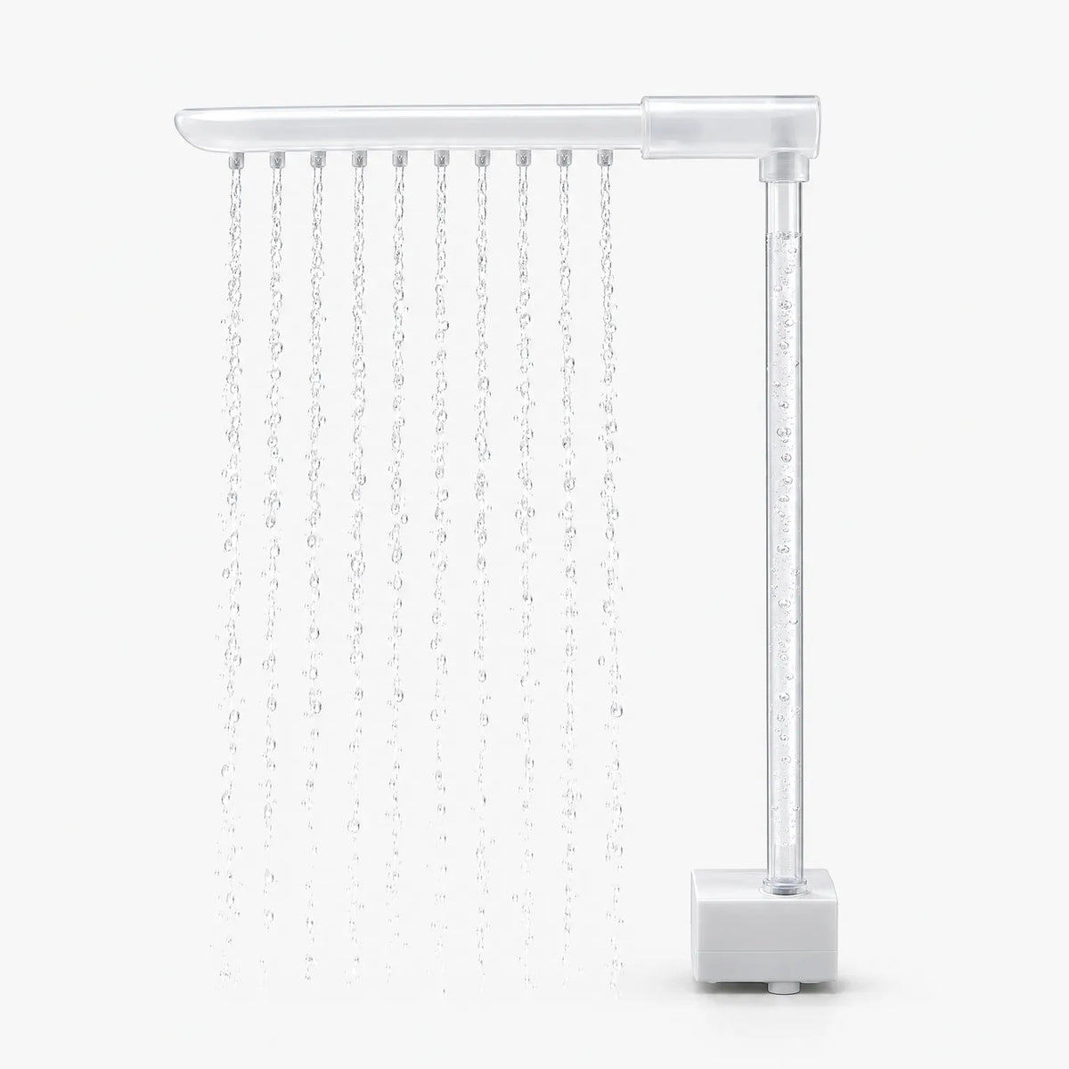 Side view of the spray arm on a clear vertical tube above the square pump base, with water streaming from ten nozzles. 4