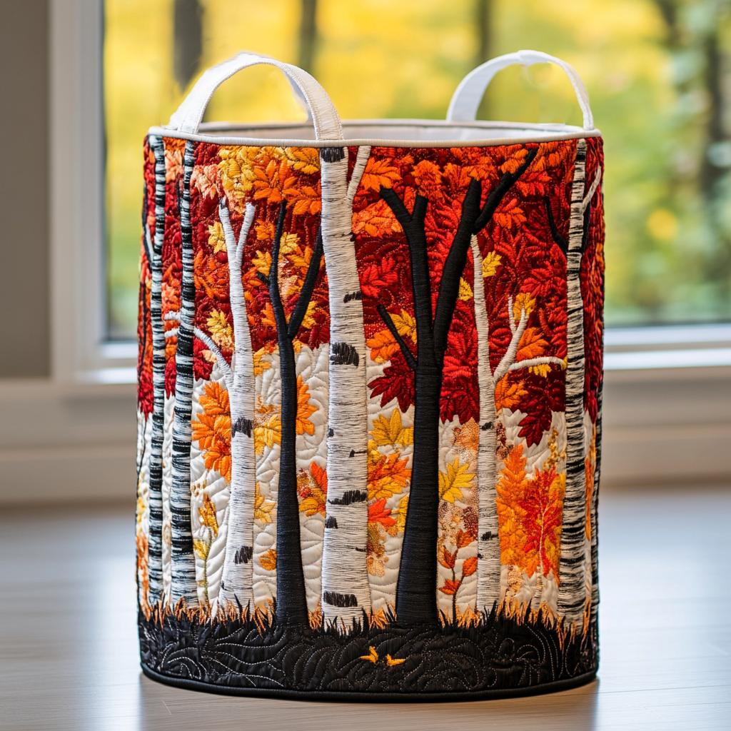 Quilted basket with white top handles and an autumn design of birch and black trees among red, orange and yellow leaves. 5
