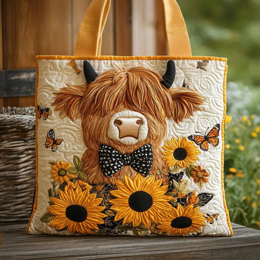 Quilted tote with a Highland cow in a spotted bow tie, sunflowers and butterflies, resting on a wooden bench outdoors. 1