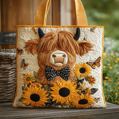 Quilted tote with a Highland cow in a spotted bow tie, sunflowers and butterflies, resting on a wooden bench outdoors. 1