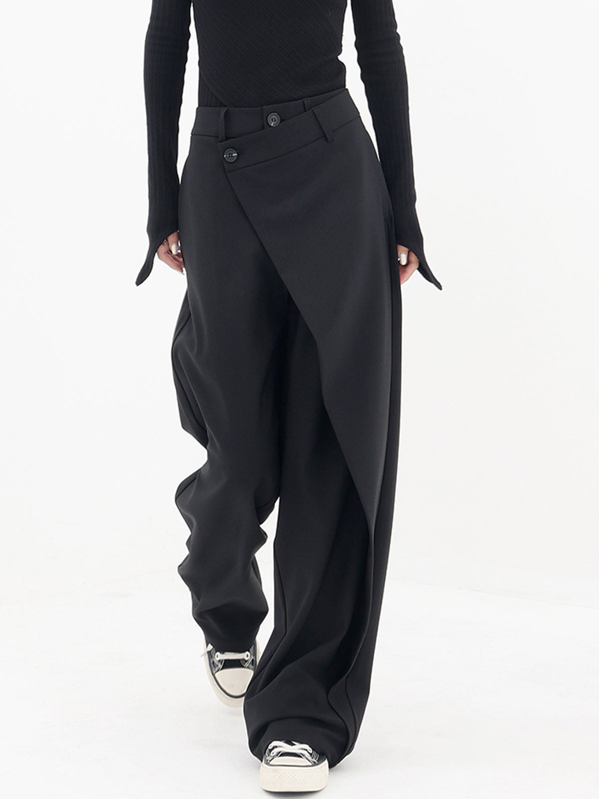 Asymmetrical Wide Women's Trousers with Double Button – Noa