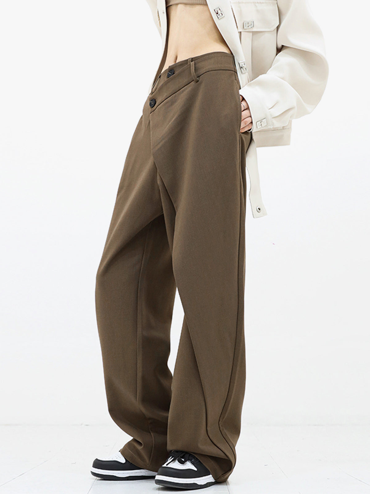 Asymmetrical Wide Women's Trousers with Double Button – Noa