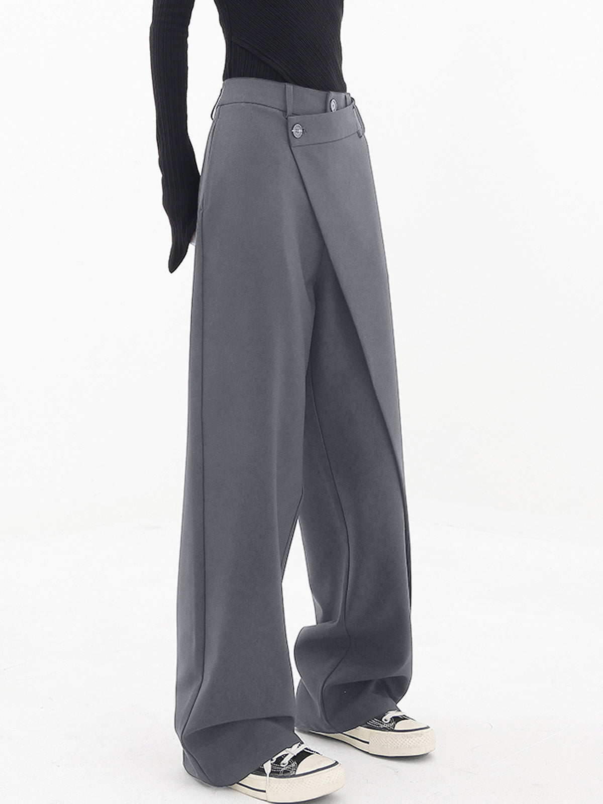 Asymmetrical Wide Women's Trousers with Double Button – Noa