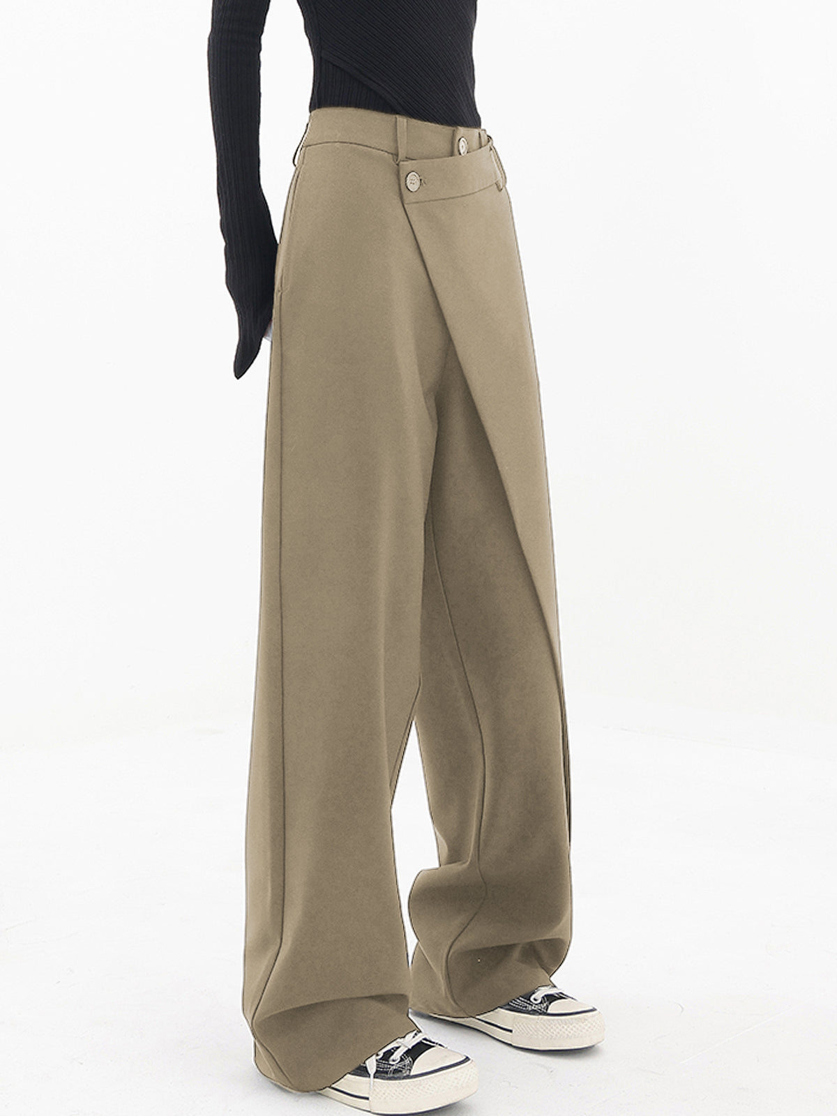 Asymmetrical Wide Women's Trousers with Double Button – Noa