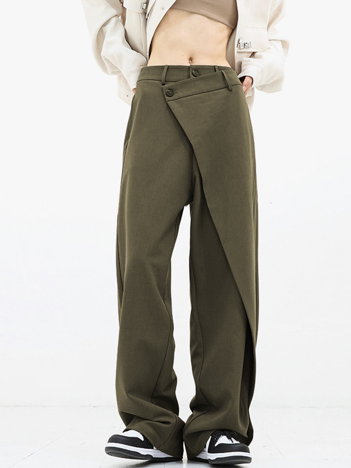 Asymmetrical Wide Women's Trousers with Double Button – Noa