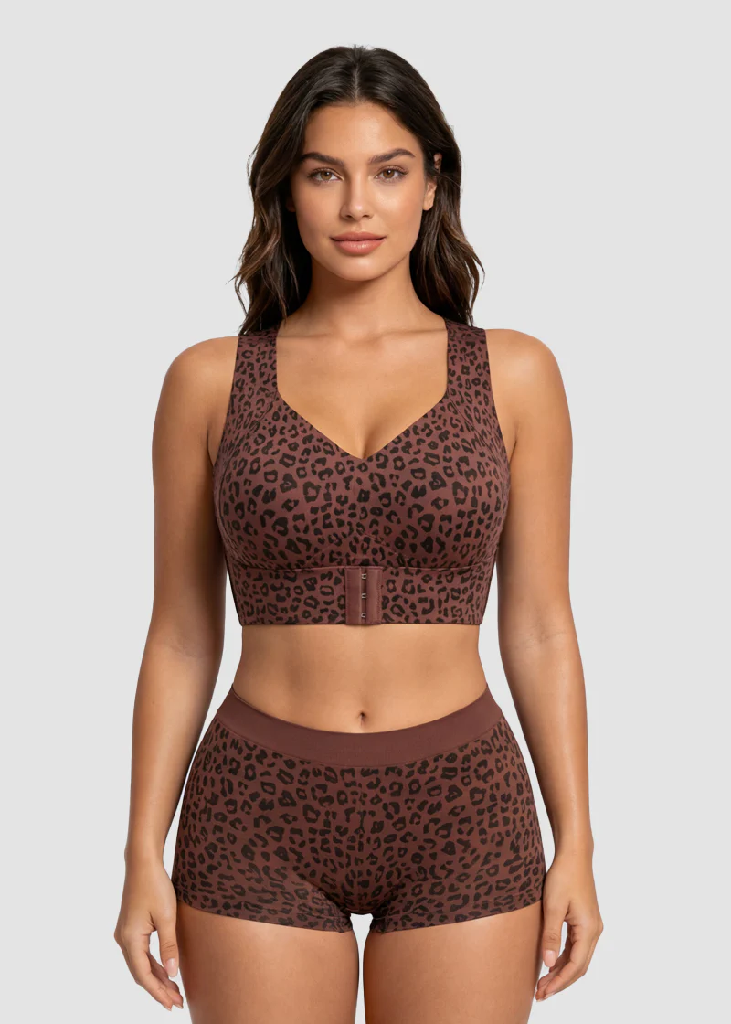 Model facing forward in the brown leopard-print version of the bra with matching printed shorts. 8