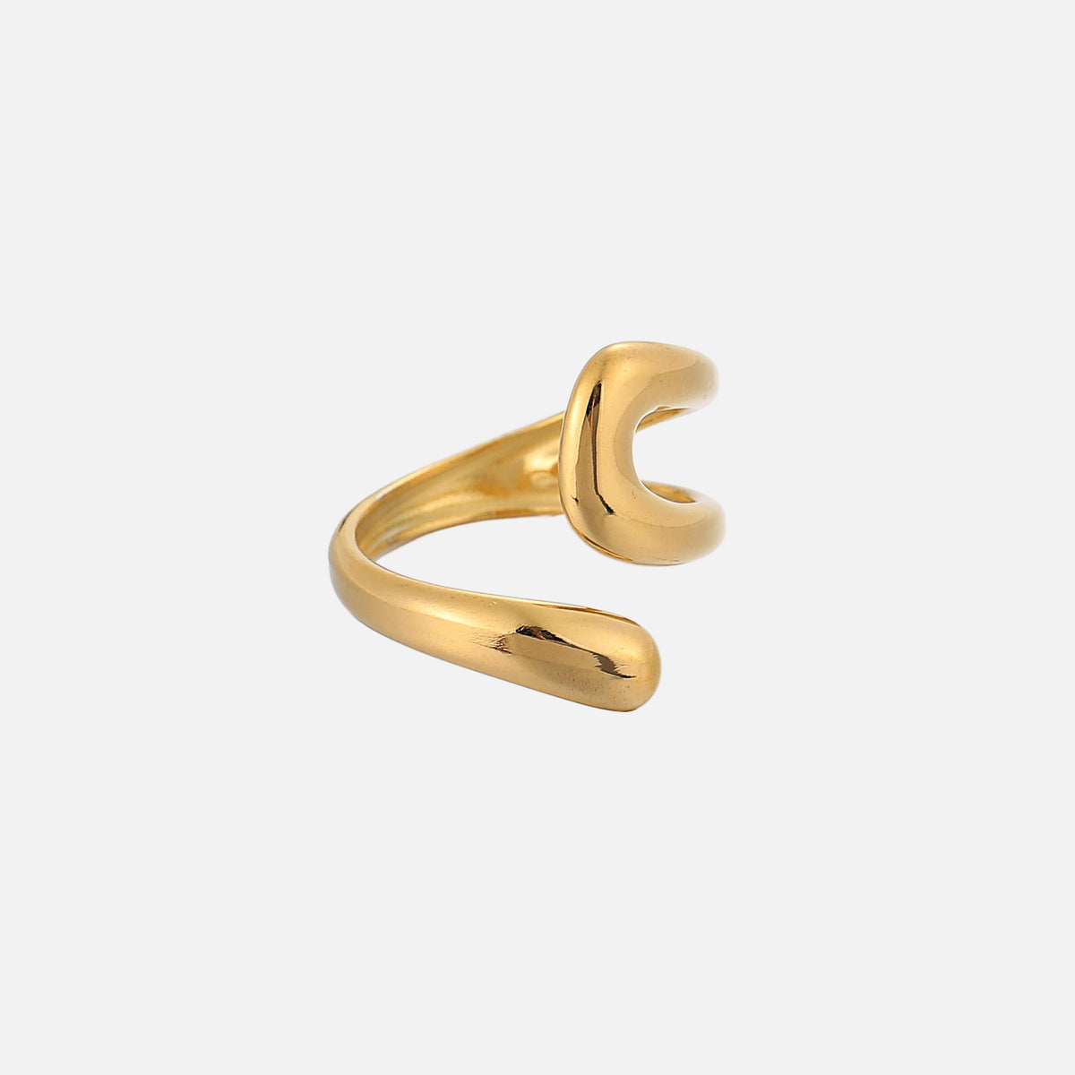 Side angle of the open gold-toned ring, showing its wrapped, tapering band and the curved loop opposite the rounded tip 2