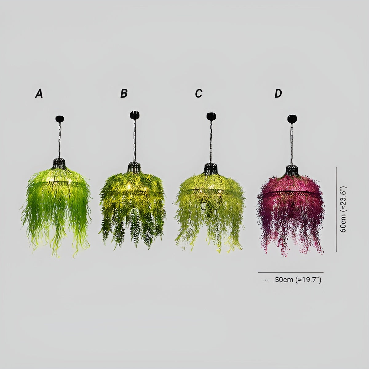 Four chandeliers in a row, lettered A to D, in grass green, fern green, lime and magenta 8