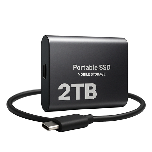 Black metal portable drive with its USB-C port facing out, a black cable coiled around it 1
