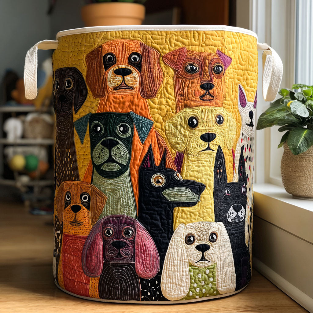 Round basket with cream handles, a yellow quilted body and a crowd of colourful stitched dog faces, beside a sunny window. 1