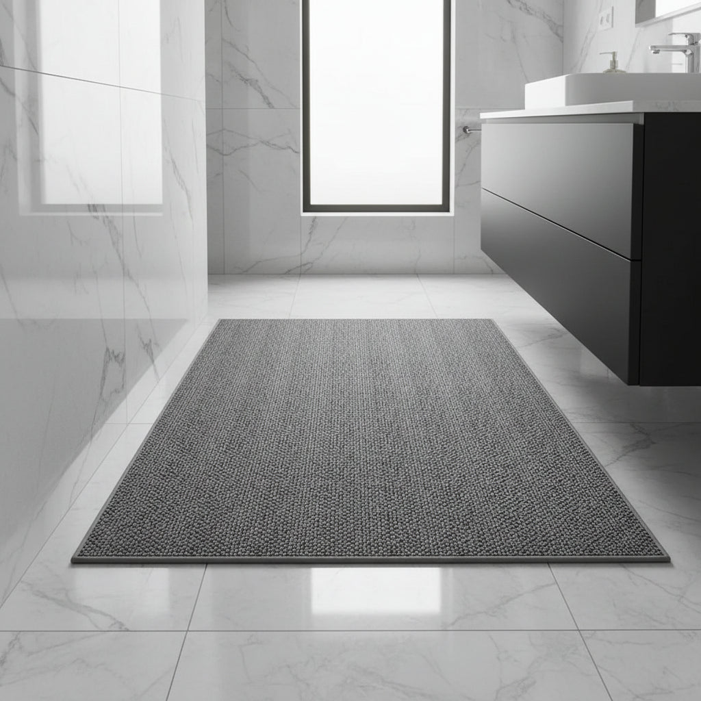 Dark grey looped-pile mat with a matching bound edge on white marble bathroom tiles 1