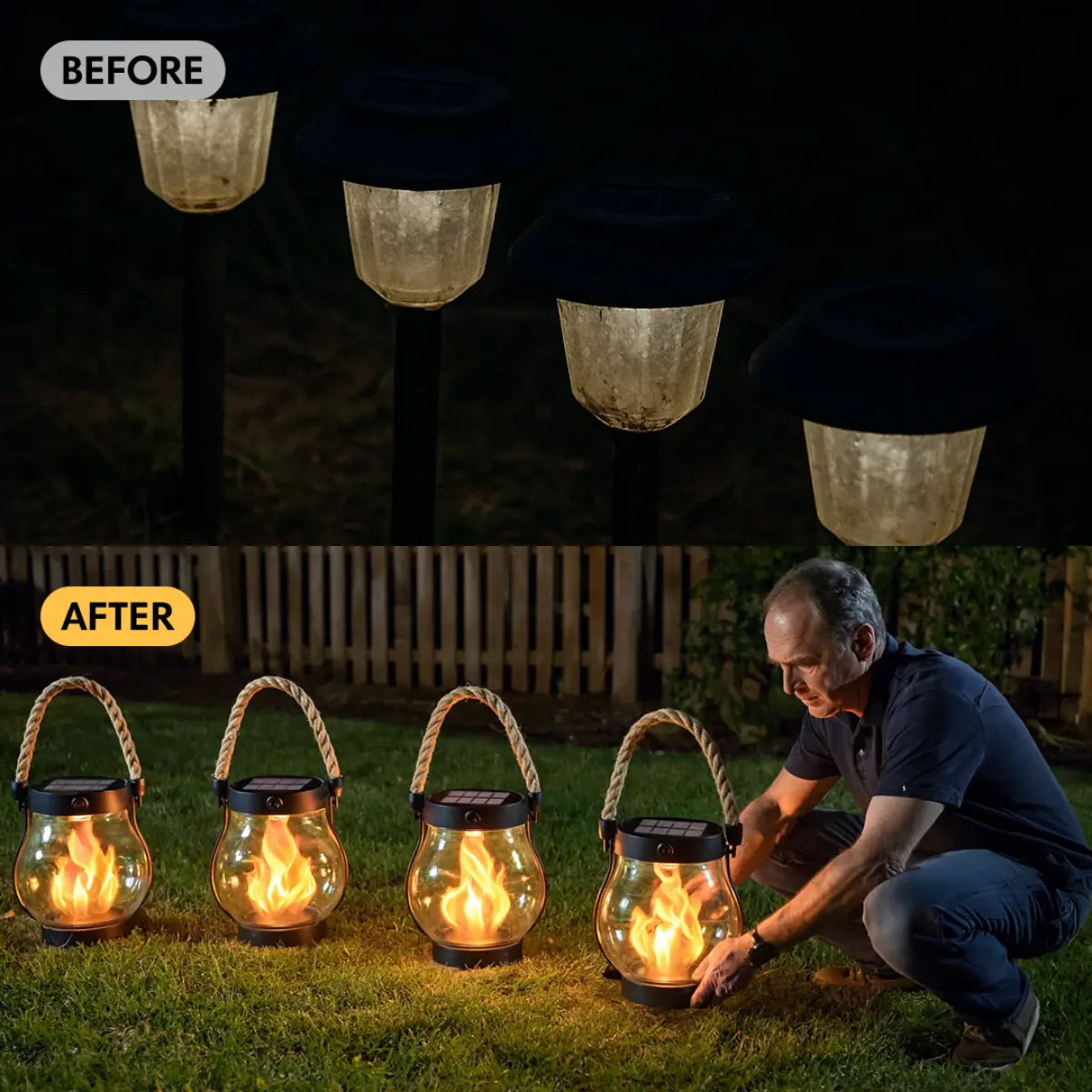 Before-and-after comparison: dull stake lights above, then a man placing four flame-effect lanterns on a lawn 4