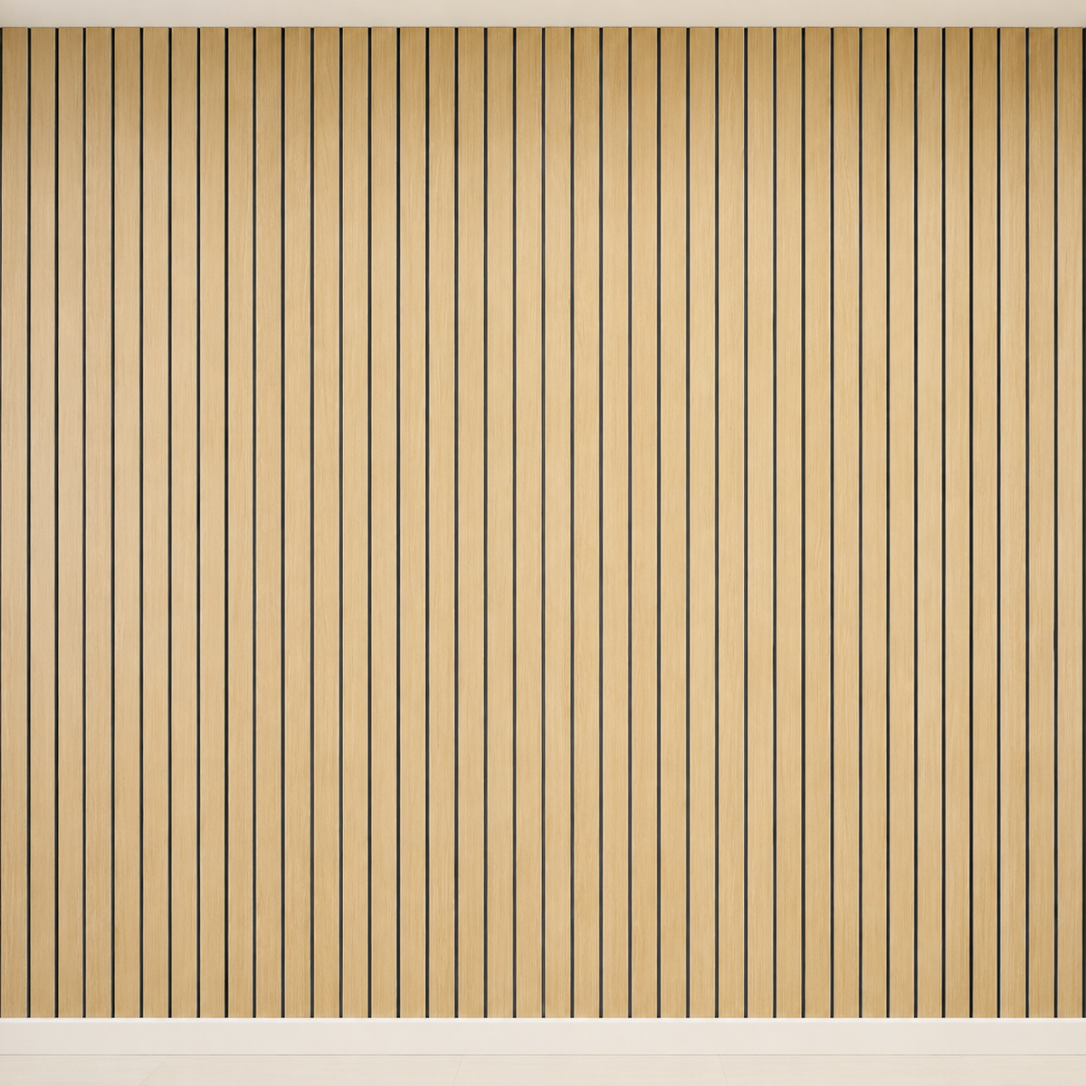 Empty wall covered in light natural oak-effect vertical slats with dark gaps 32