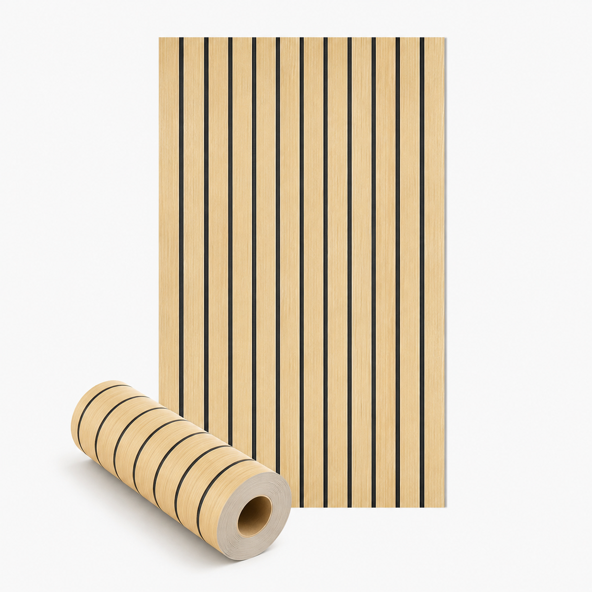 Light oak-effect slat panel laid flat beside a rolled-up roll with grey backing 33