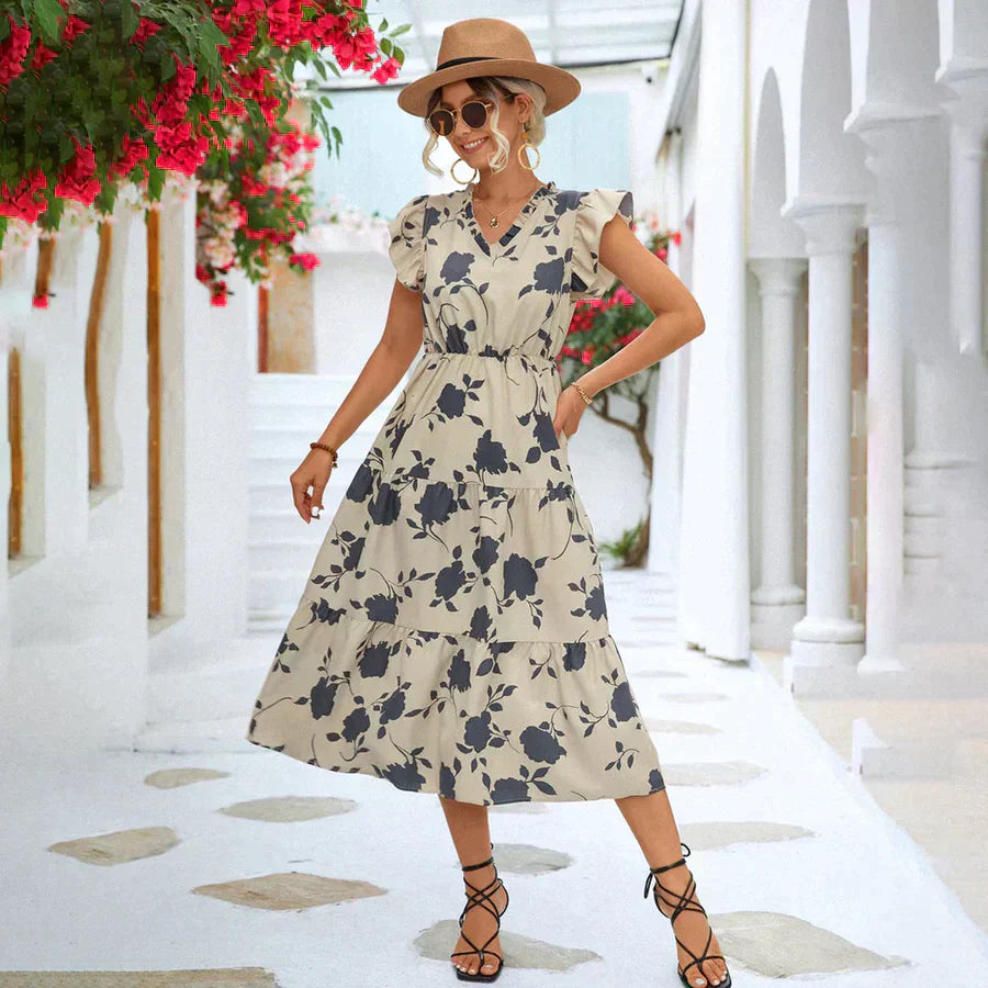 A-line summer dress with puff sleeves and a colour accent – Thalia