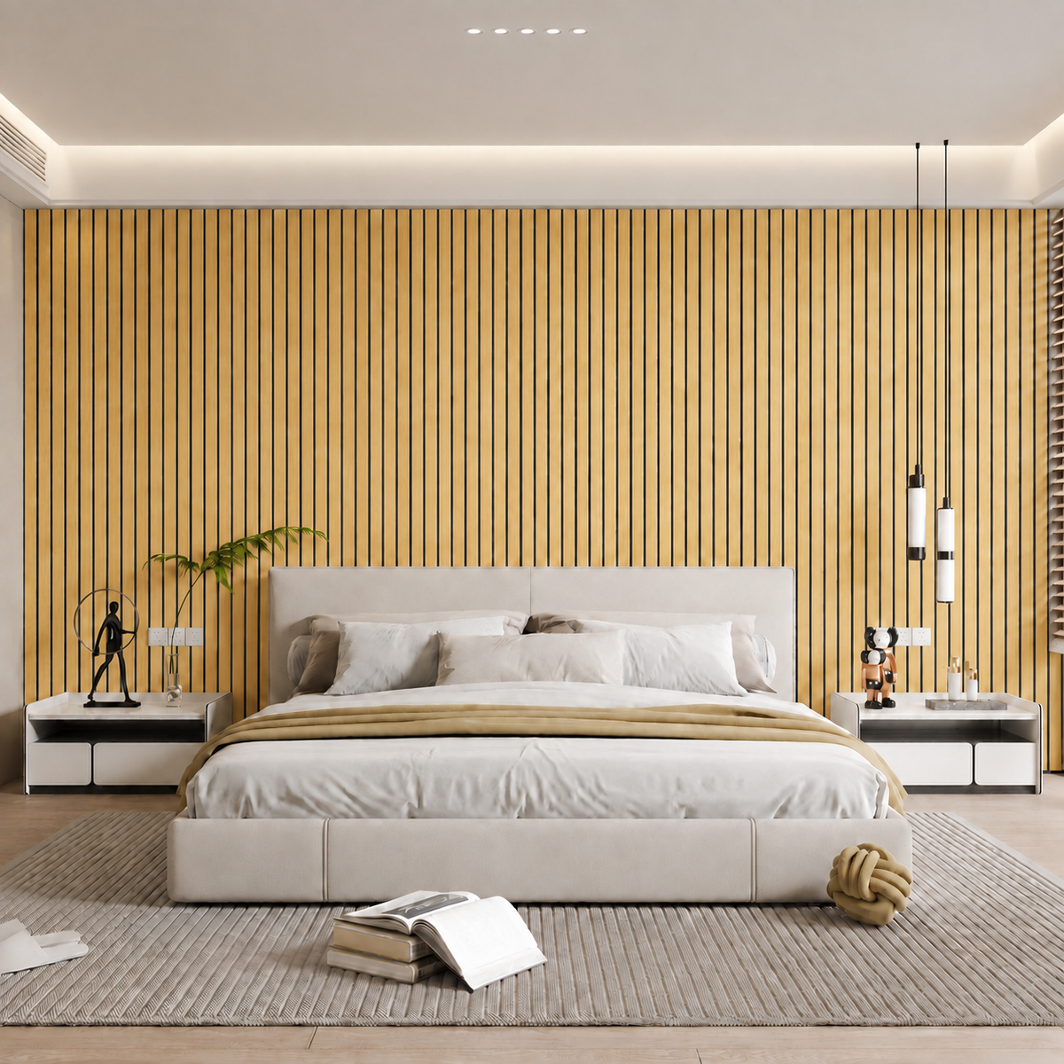 Bedroom with light oak-effect slat wall behind a cream bed with a mustard throw 34